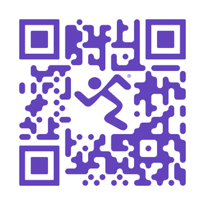 A purple QR code with a running figure in the centre.